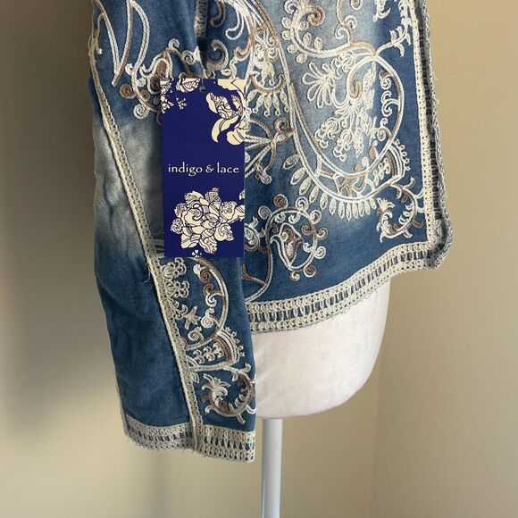 Indigo & Lace Boho Embroidered Denim Jacket Sz M Romantic Crochet Cottage Folksy - Picture 5 of 11